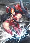  aircraft armor black_hair bouncing_breasts breasts commentary_request crimson_typhoon haganef hair_over_one_eye helicopter huge_breasts lights long_hair looking_at_viewer mecha_musume mechanical_arm pacific_rim personification rain smile solo storm very_long_hair water yellow_eyes 