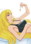  blonde_hair breasts cleavage gundam gundam_tekketsu_no_orphans hand_on_own_stomach holding_necklace jewelry kudelia_aina_bernstein light long_hair lying medium_breasts on_back purple_eyes sjw_kazuya solo sports_bra 