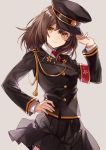  1girl ayazuki_mei black_hat black_shirt black_skirt brown_hair closed_mouth collared_shirt double-breasted grey_background hand_on_headwear hand_on_hip hand_up hat head_tilt long_hair long_sleeves looking_at_viewer meiji_tokyo_renka military military_uniform miniskirt necktie peaked_cap pleated_skirt red_neckwear shirt simple_background skirt smile solo undershirt uniform upper_body white_shirt wing_collar yellow_eyes yuzuki_karu 