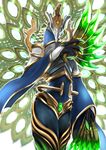  2016 ambiguous_gender anthro armor avian bird blue_feathers clothed clothing ebi feathers folding_fan front_view gem helmet holding_object peafowl simple_background solo standing tail_feathers talons white_background 