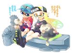  1boy 1girl aqua_hair bangs bike_shorts black_shorts blonde_hair blue_eyes blunt_bangs breasts cat cellphone commentary_request domino_mask fangs gatling_gun hat inkling jajji-kun_(splatoon) kitten kojajji-kun_(splatoon) large_breasts long_hair mask minamidena nintendo open_mouth phone pointy_ears shirt shoes short_hair shorts smartphone smile sneakers splatoon splatoon_(series) splatoon_2 sweatdrop t-shirt tentacle_hair translation_request yellow_eyes 