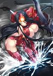  aircraft armor black_hair bouncing_breasts breasts commentary_request crimson_typhoon haganef hair_over_one_eye helicopter huge_breasts lights long_hair looking_at_viewer mecha_musume mechanical_arm pacific_rim personification rain smile solo storm very_long_hair water yellow_eyes 