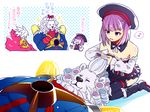  2boys bad_id bad_twitter_id beret bow comb detached_sleeves fate/extra fate/extra_ccc fate/grand_order fate_(series) hair_bow hairdressing hat helena_blavatsky_(fate/grand_order) karna_(fate) light_bulb mane multiple_boys partially_translated purple_hair shio_(040sio) sitting thighhighs thomas_edison_(fate/grand_order) translation_request white_hair white_sleeves zettai_ryouiki 