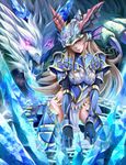  absurdres armor bad_id bad_pixiv_id black_gloves blonde_hair blue_sonia_(p&amp;d) breastplate claws dragon dragon_girl dragon_horns fang fangs gloves head_fins helmet highres horns ice ilsix kneeling long_hair looking_at_viewer magic_circle open_mouth parted_lips pelvic_curtain purple_eyes puzzle_&amp;_dragons sho_(shoichi-kokubun) thighhighs vambraces very_long_hair 