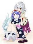  blue_eyes blue_hair doremy_sweet dream_soul dress hat highres jacket kishin_sagume long_sleeves looking_at_another multiple_girls nightcap pom_pom_(clothes) purple_skirt red_eyes short_hair simple_background single_wing sitting skirt smile tail tapir_tail touhou tyouseki white_background white_hair wings 