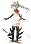  animal_ears armor armored_boots ass back boots fang grey_eyes grey_hair high_heels highres long_hair looking_at_viewer looking_back nail_polish original pink_nails smile solo tail thighhighs tokiti twintails white_legwear 
