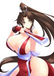  ;) bare_shoulders breasts brown_eyes brown_hair cleavage closed_fan cowboy_shot fan fatal_fury folding_fan gloves haganef huge_breasts japanese_clothes long_hair looking_at_viewer one_eye_closed panties pelvic_curtain ponytail revealing_clothes shiranui_mai sideboob smile solo the_king_of_fighters underwear very_long_hair white_background 