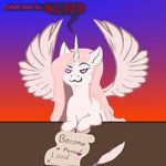  contract deal english_text equine fan_character fangs feathered_wings feathers female fluffy foxfoxplz friendship_is_magic fur hair half-closed_eyes horn horse long_hair loose_feather mammal my_little_pony pink_hair pony princess_celestia_(mlp) quill smile text white_fur winged_unicorn wings 