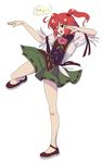  cosplay costume_switch eyebrows eyebrows_visible_through_hair flower full_body green_skirt hair_bobbles hair_ornament highres ibaraki_kasen ibaraki_kasen_(cosplay) leg_up one_eye_closed onozuka_komachi open_mouth oshouyu_tabetai pose puffy_short_sleeves puffy_sleeves red_eyes red_footwear red_hair shirt shoes short_sleeves simple_background skirt smile solo speech_bubble tabard touhou translated two_side_up white_background 