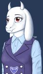  2016 anthro boss_monster caprine clothed clothing coat female fur goat hi_res horn human hybrid jacket looking_at_viewer mammal rik4100 shirt simple_background smile teacher toriel undertale uniform video_games 