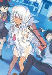  2girls animal_ears bunny_ears dark_skin falling haimura_kiyotaka hood hoodie kamijou_touma keshouin_asuka multiple_girls obentou official_art purple_eyes raincoat salome_(to_aru_majutsu_no_index) spiked_hair to_aru_majutsu_no_index to_aru_majutsu_no_index:_new_testament white_hair 