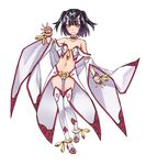  anklet bare_shoulders black_hair bracelet check_commentary commentary_request flat_chest full_body grin highres horns jewelry long_hair matsuryuu midriff navel oni_horns simple_background smile solo thighhighs two_side_up white_background white_legwear 