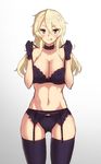  :q black_bra black_gloves black_panties blonde_hair blue_eyes bra breasts choker cleavage garter_belt gloves hayabusa huge_breasts iowa_(kantai_collection) kantai_collection lingerie long_hair looking_at_viewer navel panties solo standing thighhighs tongue tongue_out underwear underwear_only 