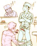  3boys age_difference blush bottomless erection food indoors male_focus multiple_boys multiple_monochrome penis spot_color testicles torte_(triggerhappy) undressing yaoi 