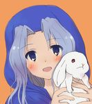  animal blue_eyes blue_hair blush bunny holding holding_animal hood hoodie kumoi_ichirin open_mouth orange_background oshouyu_tabetai portrait simple_background solo touhou 