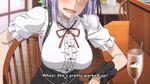  animated animated_gif bangs blue_eyes blunt_bangs blush breasts cafe dagashi_kashi drink drooling hair_ornament hairband heavy_breathing indoors large_breasts looking_at_viewer open_mouth purple_hair ribbon saliva shidare_hotaru short_hair sitting solo 
