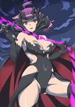  1girl ahoge banboro_(technobot) breasts cameltoe cape cleavage cloud commentary_request concrete_revolutio covered_navel dark_persona elbow_gloves gloves headgear hoshino_kikko large_breasts lips lipstick makeup purple_hair red_eyes shiny_skin short_hair sky smile solo spoilers thighhighs whip 