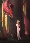  ambiguous_gender blonde_hair brown_eyes clothing dragon dress elf eye_contact female forest hair humanoid korhiper red_eyes red_scales scales size_difference tree 