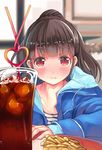  bangs blurry blush brown_hair collarbone cup depth_of_field drink drinking_glass drinking_straw eyebrows food french_fries heart heri hood hooded_jacket ice ice_cube idolmaster idolmaster_cinderella_girls jacket kamiya_nao light_frown long_hair looking_at_viewer open_clothes open_jacket red_eyes solo sweat 
