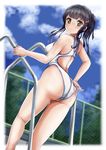  ass black_hair blush chain-link_fence competition_swimsuit fence highleg highleg_swimsuit highres long_hair looking_back mashinatsu one-piece_swimsuit original ponytail pool_ladder poolside solo swimsuit 