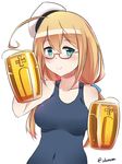  ahoge alcohol beer beer_mug beret blonde_hair blue_eyes commentary cup glasses hat holding holding_cup i-8_(kantai_collection) ido_(teketeke) kantai_collection long_hair looking_at_viewer low_twintails one-piece_swimsuit school_swimsuit smile solo swimsuit twintails twitter_username 