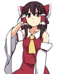  adjusting_hair ascot bare_shoulders blush bow brown_hair detached_sleeves expressionless hair_bow hair_tubes hakurei_reimu large_bow leon_(mikiri_hassha) long_hair looking_at_viewer md5_mismatch red_eyes skirt skirt_set solo touhou vest 