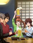  2girls absurdres active_raid alcohol arm_up beer beer_mug bowl brown_eyes brown_hair casual chopsticks closed_eyes cup drinking_glass eyebrows eyebrows_visible_through_hair food glasses grey_hair high_ponytail highres holding holding_cup indoors jewelry kazari_asami kuroki_takeru long_hair meat multiple_boys multiple_girls necklace open_mouth purple_eyes salad short_hair sitting smile souichirou_sena toast_(gesture) wine wine_glass yamabuki_rin 