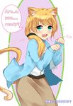  animal_ears bba1985 belt blonde_hair blue_jacket blush cat_ears cat_tail commentary_request ellen_baker english green_eyes hair_ornament hair_scrunchie jacket kemonomimi_mode long_hair long_sleeves looking_at_viewer md5_mismatch new_horizon open_mouth paw_pose pencil_skirt ponytail scrunchie shirt skirt smile solo tail white_shirt 