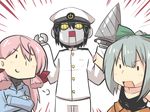  admiral_(kantai_collection) akashi_(kantai_collection) arm_up bangs black_hair blunt_bangs coat commentary crossed_arms drill_hand goma_(gomasamune) green_hair hair_between_eyes hair_ribbon hat kantai_collection military military_hat military_uniform multiple_girls open_mouth peaked_cap pink_hair ribbon robot smile tank_top uniform yuubari_(kantai_collection) 