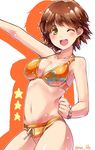  ;d bikini blush bracelet breasts brown_eyes brown_hair cleavage foreshortening honda_mio idolmaster idolmaster_cinderella_girls jewelry medium_breasts navel one_eye_closed open_mouth orange_bikini paopao short_hair smile solo standing striped striped_bikini swimsuit twitter_username 