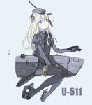  absurdres black_legwear blonde_hair blue_eyes bubble character_name cropped_jacket garrison_cap gloves hair_between_eyes hair_ornament hat highres kantai_collection long_hair long_sleeves looking_at_viewer machinery military military_uniform pantyhose puffy_long_sleeves puffy_sleeves solo u-511_(kantai_collection) uniform yuzuno_(801touhou) 