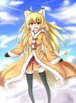  animal_ears black_legwear blonde_hair blush fang fox_ears fox_tail highres horokusa_(korai) korai_(horokusa) long_hair open_mouth original skirt solo tail thighhighs 