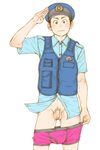  1boy blush bottomless looking_at_viewer male_focus penis police solo testicles torte_(triggerhappy) underwear undressing 