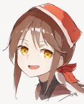  1girl bow brown_hair commentary_request face falcon_(girls&#039;_frontline) girls&#039;_frontline hair_bow head_scarf looking_at_viewer open_mouth ponytail portrait red_bow red_headwear sidelocks simple_background smile solo suginakara_(user_ehfp8355) yellow_eyes 