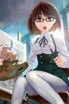  :o bow brown_hair brush canvas_(object) glasses indoors knees_together_feet_apart looking_at_viewer nurupo_(abooon) painting_(object) palette pantyhose red_eyes short_hair sitting solo underbust white_legwear window 