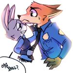  2016 anthro canine clothing cute dialogue disney female fox fur green_eyes grey_fur happy judy_hopps lagomorph long_ears male mammal necktie nick_wilde orange_fur police_uniform purple_eyes rabbit simple_background smile source_request sweat sweatdrop text translation_request uniform unknown_artist white_background zootopia 