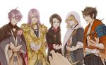  ahoge arm_at_side armor bandaged_arm bandages black_hair black_jacket blonde_hair blue_eyes blue_neckwear brown_hair choker cloak collared_shirt faulds flower gloves gold_armor hachisuka_kotetsu hair_between_eyes hair_over_shoulder hakama hood jacket jacket_on_shoulders japanese_armor japanese_clothes kasen_kanesada kashuu_kiyomitsu kote kurokote lavender_hair long_hair long_sleeves looking_at_viewer male_focus mole mole_under_mouth multiple_boys mutsu-no-kami_yoshiyuki nail_polish necktie open_clothes open_jacket out_of_frame outstretched_arm pauldrons petals pink_flower ponytail pov pov_hands profile purple_hair reaching red_eyes red_nails red_scarf saniwa_(touken_ranbu) scarf shirt shoulder_armor sleeves_rolled_up smile sode tassel touken_ranbu twoframe unbuttoned white_background white_gloves white_shirt wide_sleeves yamanbagiri_kunihiro yellow_eyes 