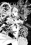  bare_shoulders choker collarbone earrings eyelashes feathers frills gauntlets greyscale hand_on_hip hattori_masahiko highres jewelry long_hair monochrome profile shoulder_armor smile solo spaulders 