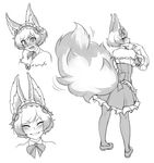  1girl :d ^_^ animal_ears bare_shoulders bush closed_eyes detached_sleeves dress embarrassed expressions eyes_closed finger_to_mouth fox_ears fox_tail from_behind headdress highres looking_back monochrome monorus motion_lines multiple_views open_mouth original puffy_short_sleeves puffy_sleeves short_hair short_sleeves slit_pupils smile tail tail_wagging 