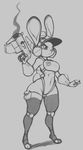  anthro armor breasts clothing conditional_dnp cosplay disney female frown greyscale gun hat headgear headwear helmet judy_hopps lagomorph leporid long_ears mammal mighty_switch_force! monochrome navel rabbit ranged_weapon simple_background smoke solo thick_thighs tight_clothing wayforward weapon wide_hips xopachi zootopia 