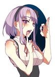  @_@ artist_name blue_eyes breasts candy character_name dagashi_kashi dated fellatio_gesture food hairband large_breasts looking_at_viewer nail_polish open_mouth pochi_(pochi-goya) purple_hair red_nails sexually_suggestive shidare_hotaru short_hair short_hair_with_long_locks sleeveless solo teeth tongue 