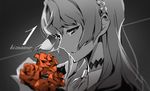  bouquet copyright_name flower half-closed_eyes highres kiznaiver long_hair monochrome parted_lips portrait red_flower red_rose rose solo sonozaki_noriko spot_color yoneyama_mai 