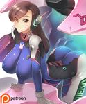  alternate_breast_size arched_back ass bodysuit breasts brown_eyes brown_hair covered_nipples d.va_(overwatch) facepaint facial_mark haganef hair_over_one_eye impossible_clothes large_breasts long_hair looking_at_viewer mecha meka_(overwatch) overwatch patreon_logo skin_tight smile solo watermark whisker_markings 