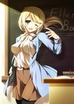  1girl ;d bangs belt black_legwear blonde_hair blue_eyes blue_jacket blurry blush book bow breasts buttons chalkboard character_name classroom classroom_eraser covered_nipples cowboy_shot depth_of_field dress_shirt ellen_baker fingernails hair_ornament hair_scrunchie hand_on_hip jacket large_breasts long_fingernails long_hair long_sleeves looking_at_viewer low_ponytail nail_polish new_horizon one_eye_closed open_book open_mouth pantyhose ponytail scrunchie shirt skirt smile solo teacher white_shirt yuuki_makoto_(radiant) 