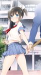  1girl black_hair blue_eyes crop_top crop_top_overhang groin hair_ribbon highres midriff pleated_skirt ponytail ribbon school school_uniform serafuku shinai shiny shiny_skin sino_(sionori) skirt sword weapon white_ribbon 