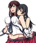  agano_(kantai_collection) anchor_symbol bangs bare_shoulders black_hair blue_eyes blush braid breast_grab breasts brown_hair gloves grabbing grabbing_from_behind green_eyes groping head_on_another's_shoulder highres kantai_collection large_breasts long_hair midriff multiple_girls navel necktie noshiro_(kantai_collection) open_mouth pleated_skirt red_skirt sblack school_uniform serafuku simple_background skirt sleeveless swept_bangs white_background white_gloves 