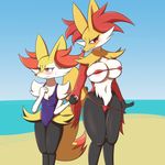  2016 2girls anthro aoinu aoinu111 beach big_breasts bikini blush bra braixen breasts camel_toe chest_tuft clothed clothing delphox dipstick_tail duo female furry hand_holding large_breasts multicolored_tail multiple_girls navel nintendo nipple_bulge panties pok&eacute;mon pokemon red_eyes seaside size_difference skimpy small_breasts sweat sweatdrop swimsuit teasing tuft video_games 