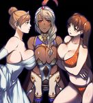  bare_shoulders bikini bikini_warriors black_background blonde_hair braid breast_press breasts bridal_gauntlets cleavage collarbone dark_elf dark_elf_(bikini_warriors) dark_skin elf feathers fingerless_gloves frown gloves hair_bun highres large_breasts long_hair looking_at_another looking_at_viewer multiple_girls navel orange_eyes pointy_ears red_eyes shirasau_(gatyapinn0000) simple_background single_braid skull smile spread_legs sweatdrop swimsuit tiara topknot turban twintails vambraces 