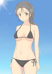  1girl bikini black_bikini blush breasts erect_nipples freckles girls_und_panzer green_eyes grey_hair groin long_hair looking_at_viewer navel nipples piyotan solo standing 