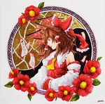  acrylic_paint_(medium) ascot bare_shoulders bow brown_hair camellia circle detached_sleeves expressionless flower hair_bow hair_tubes hakurei_reimu half_updo hands_in_opposite_sleeves johnalay nontraditional_miko profile realistic red_bow red_vest short_hair signature solo torii touhou traditional_media vest yin_yang 